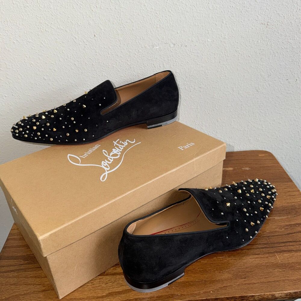 Christian Louboutin Dandelion Studded Black Leather Loafers Size 45 Shoes Box